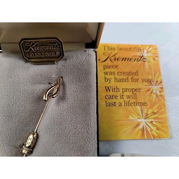 Krementz & Co Wishbone Jewelry Stick Pin 14KT Yellow Gold Overlay Crystal VTG - Picture 10 of 16